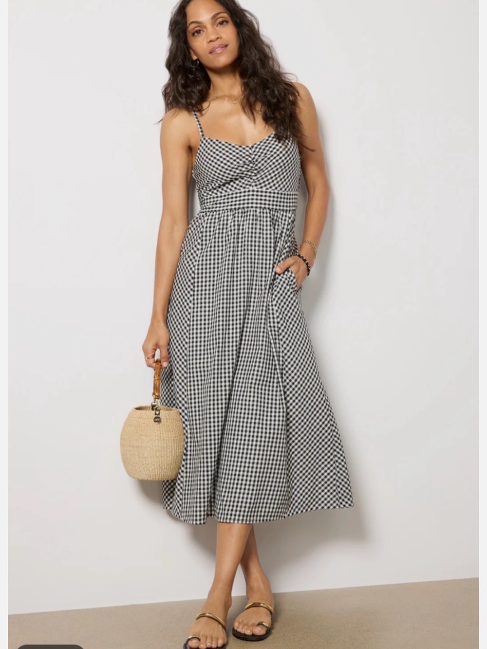 NWT Evereve Black & White Gingham Midi Dress with Spaghetti Straps
